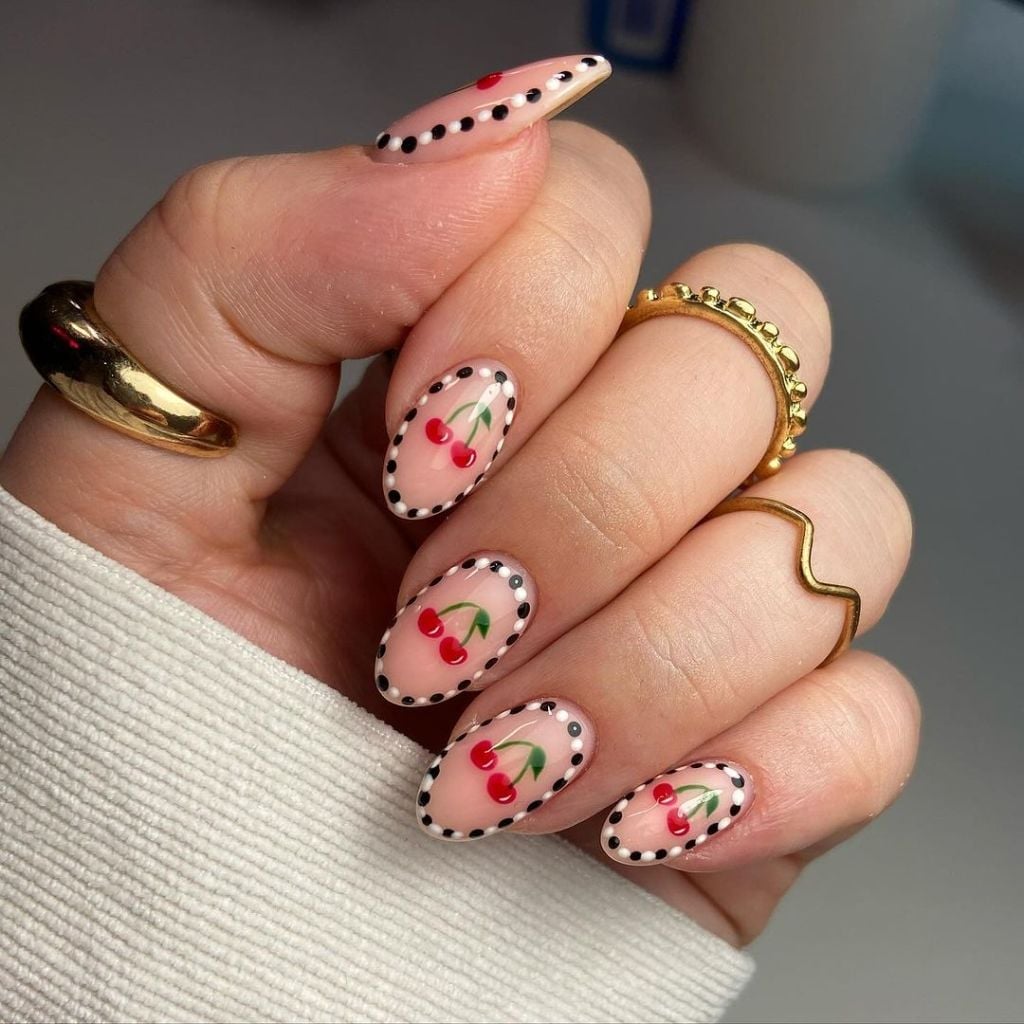 Medium Almond French Tips With Cherry Motif Medium Almond French Tips With Cherry Motif — Red and White Nails