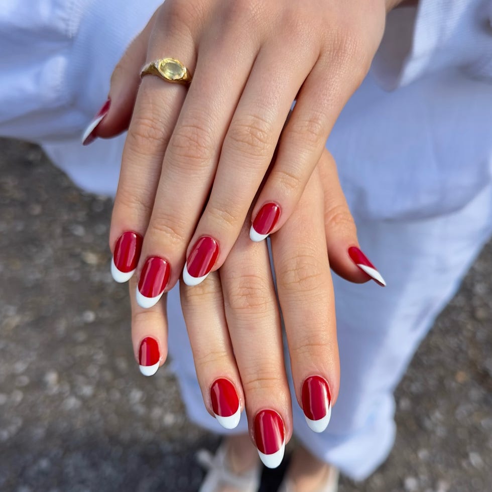 Medium Oval Vivid Red With White French Tips Medium Oval Vivid Red With White French Tips — Red and White Nails