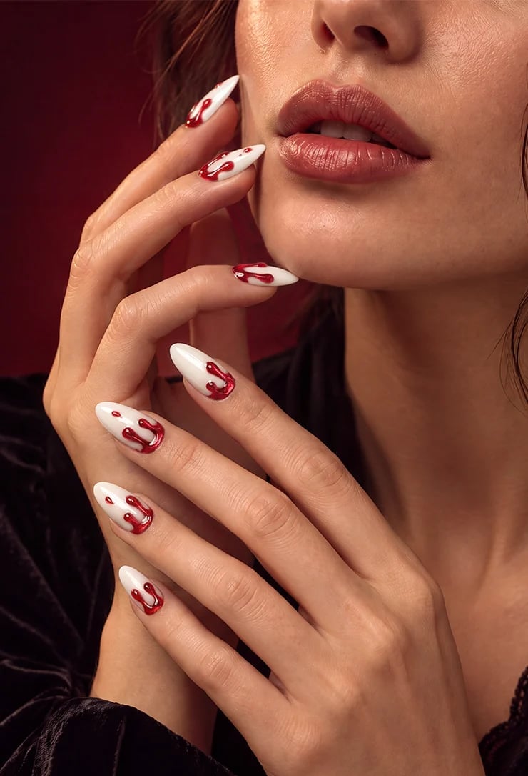 Long Sharp White Nails With Red Drip Effect Long Sharp White Nails With Red Drip Effect — Red and White Nails