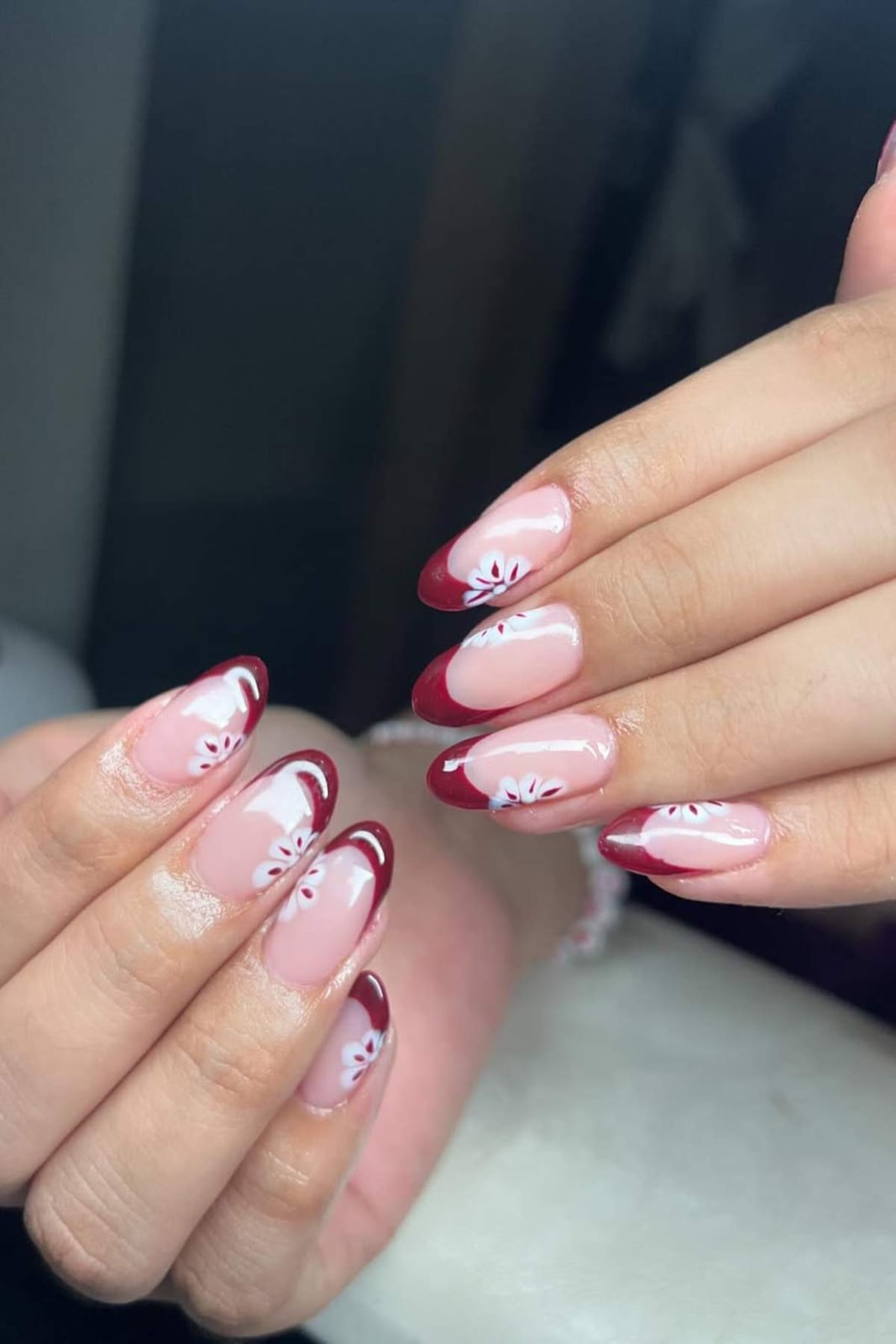 Medium Oval Floral Red French Tip Nails Medium Oval Floral Red French Tip Nails — Red and White Nails