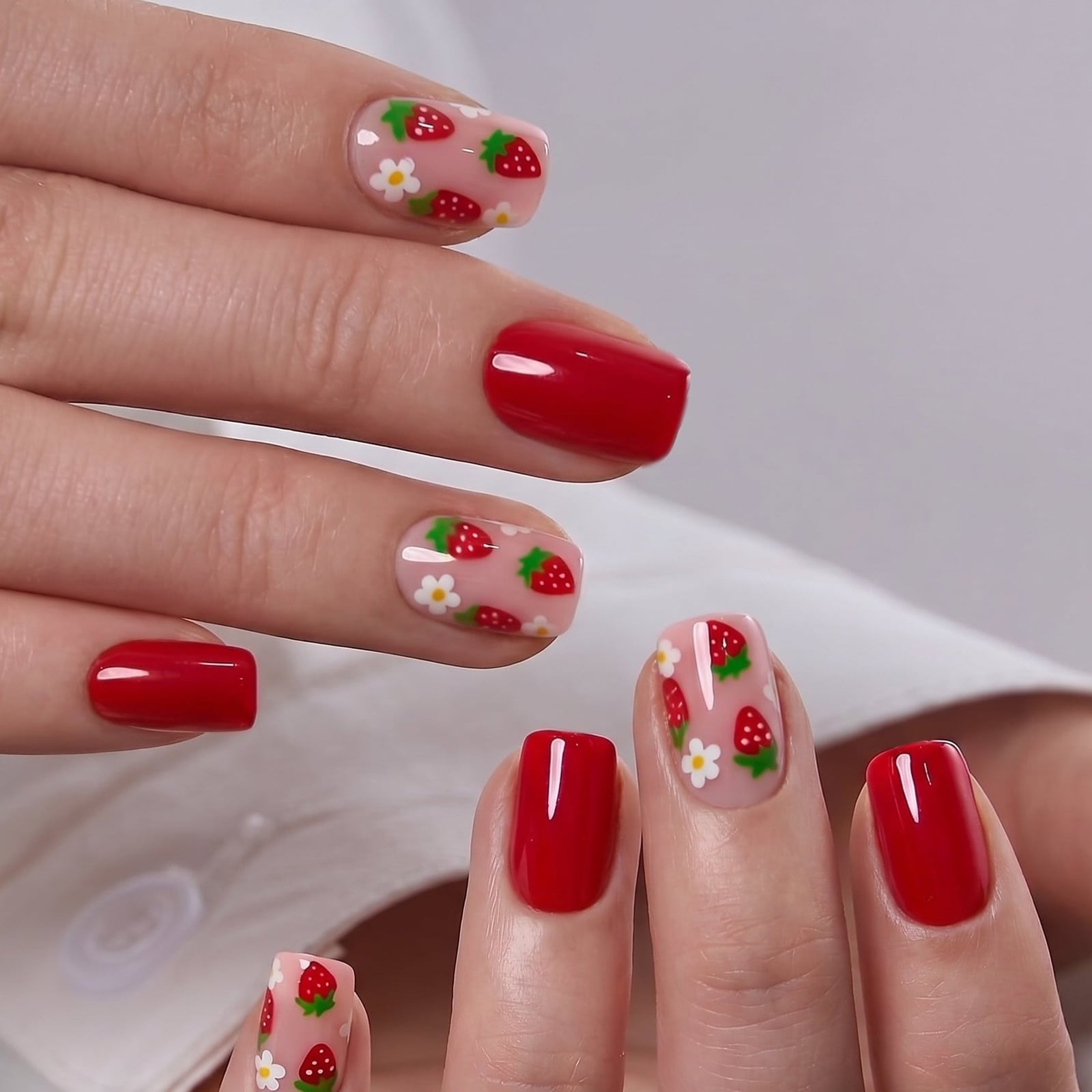 Short Square Solid Red With Strawberry Art Short Square Solid Red With Strawberry Art — Red and White Nails