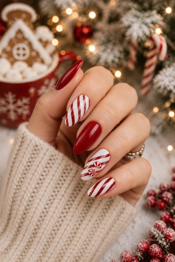 Medium Almond Deep Red With Peppermint Candy Art Medium Almond Deep Red With Peppermint Candy Art — Red and White Nails