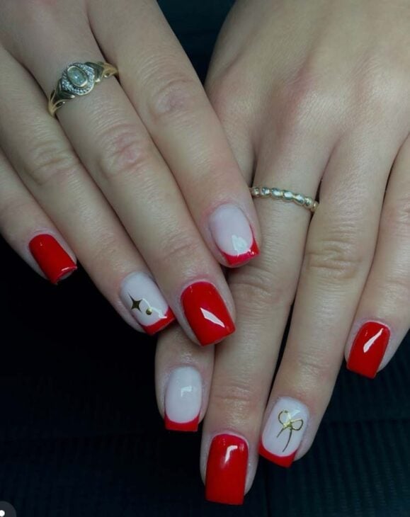Short Square Red White French Tips With Gold Art Short Square Red White French Tips With Gold Art — Red and White Nails