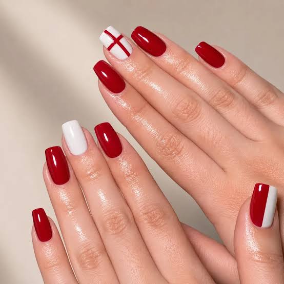 Medium Square Almond English Flag Nails Medium Square Almond English Flag Nails — Red and White Nails