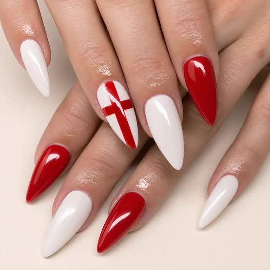 Long Stiletto Red and White St. George's Cross Nails Long Stiletto Red and White St. George's Cross Nails — Red and White Nails