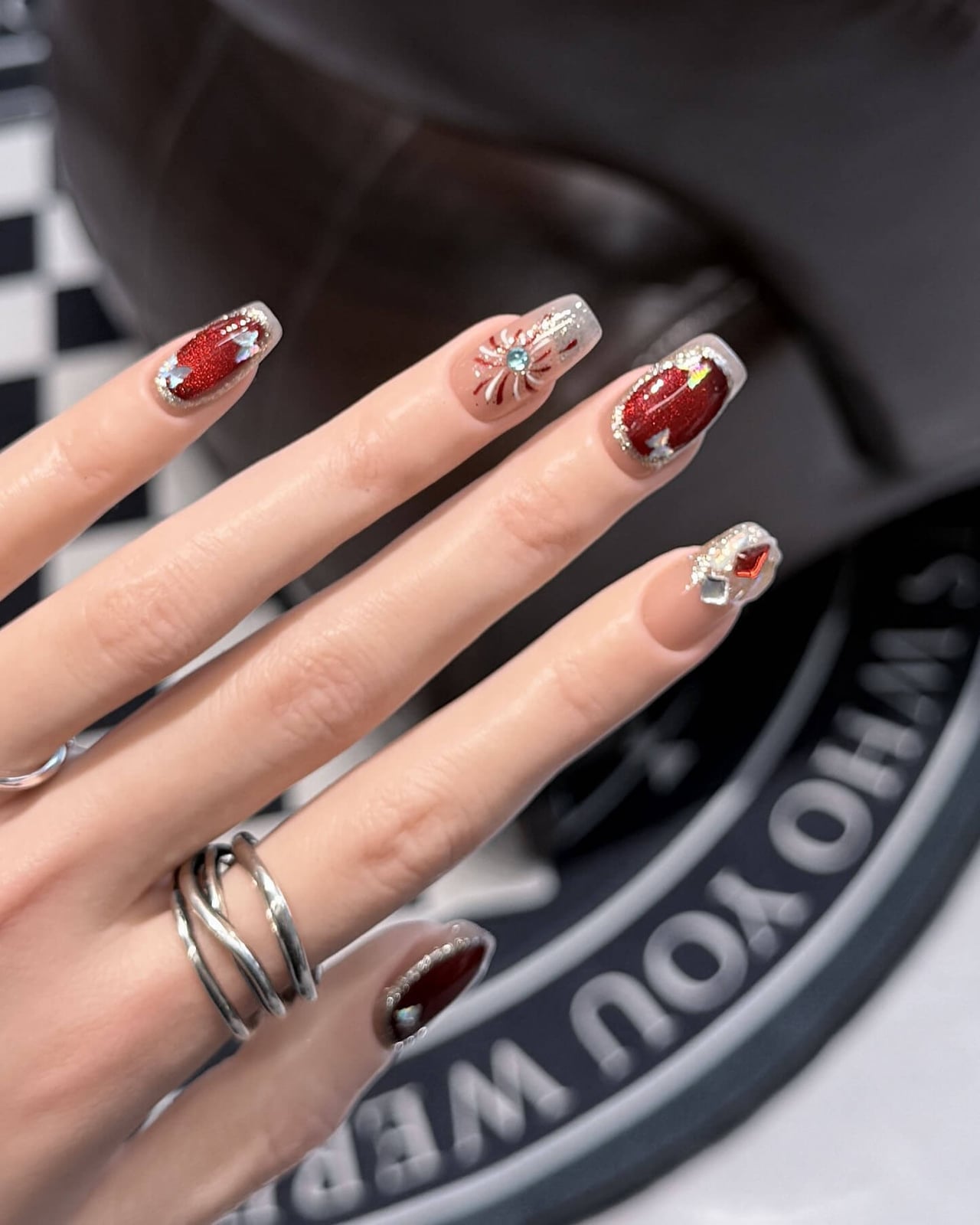 Long Square Red Glitter Rhinestone Nails Long Square Red Glitter Rhinestone Nails — Red and White Nails