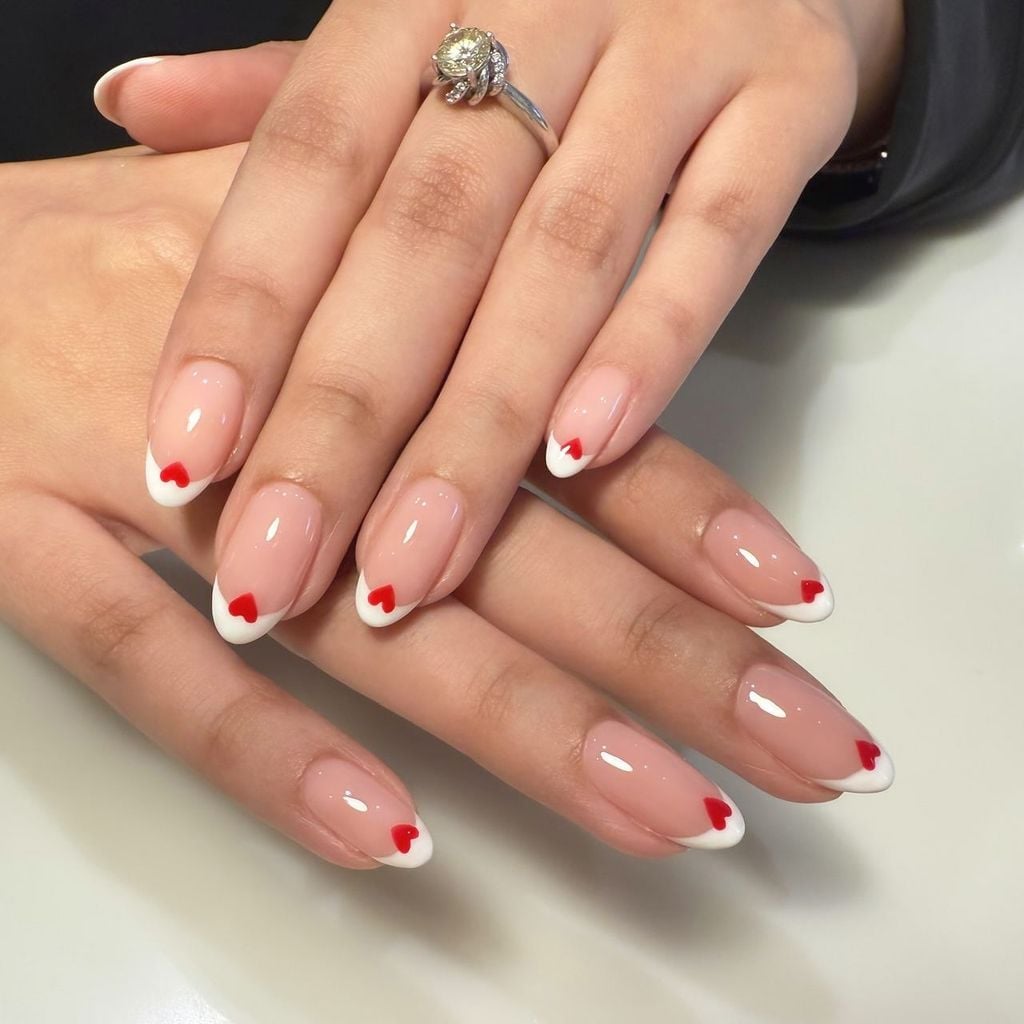 Short Almond French Nails With Red Hearts Short Almond French Nails With Red Hearts — Red and White Nails