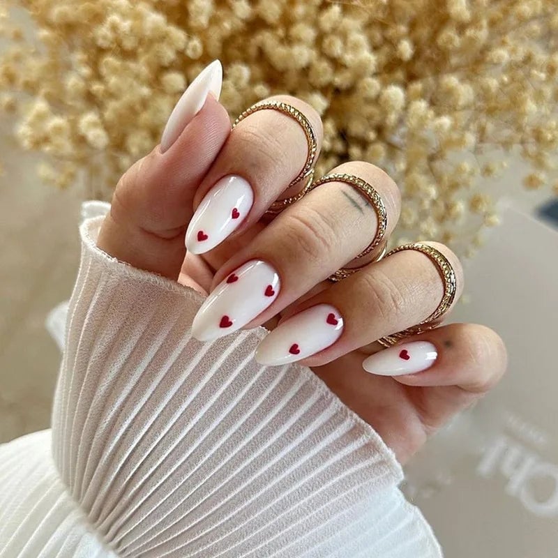 Long White Nails With Scattered Red Hearts Long White Nails With Scattered Red Hearts — Red and White Nails