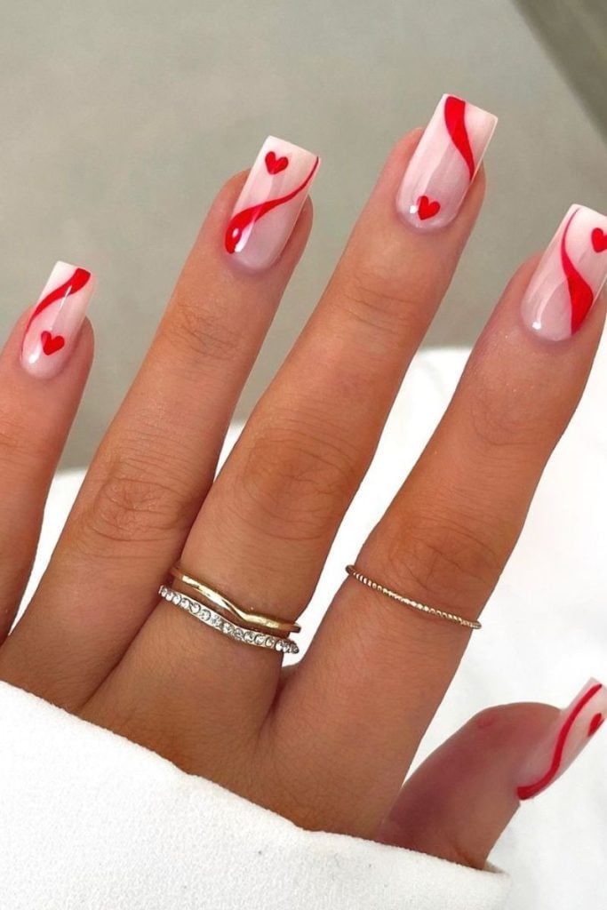 Short Square Red Swirl and Heart Nails Short Square Red Swirl and Heart Nails — Red and White Nails