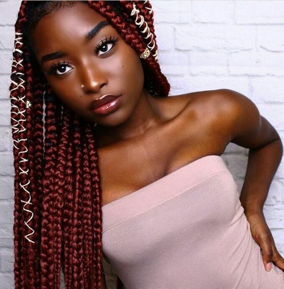 Mid-Back Deep Red Box Braids With White Wrapping — Red Braids