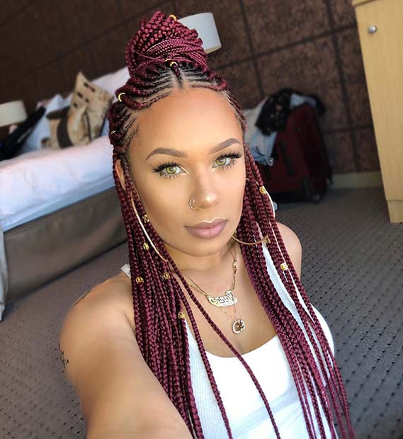 Mid-Back Burgundy Box Braids Top Knot — Red Braids