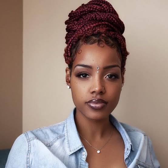 Mid-Back Deep Red Box Braids Updo — Red Braids