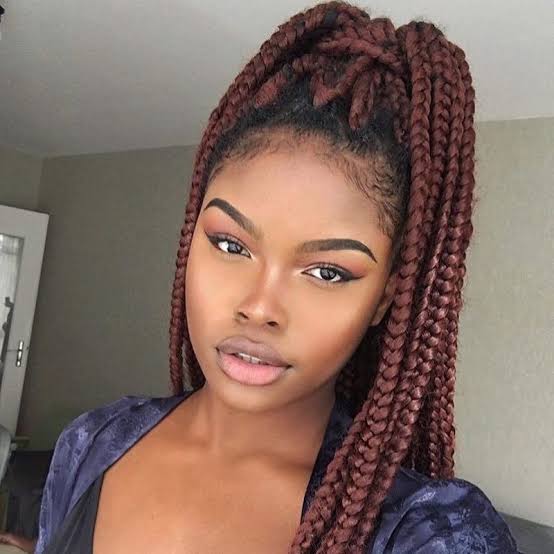 Collarbone Box Braids Burgundy Half Updo With Beads — Red Braids