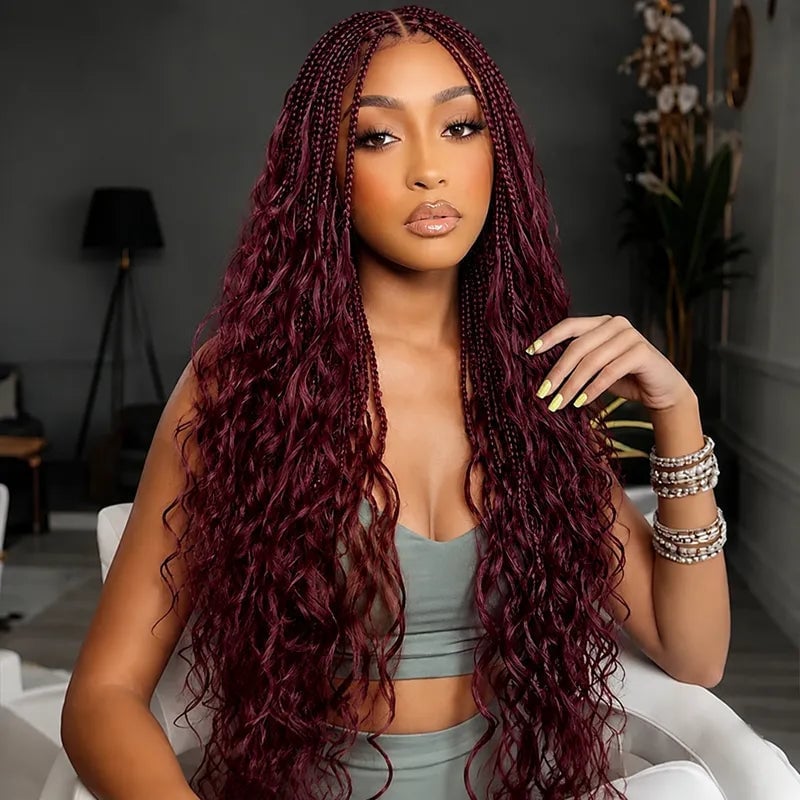 Mid-Back Burgundy Box Braids With Loose Wavy Ends, Middle — Red Braids