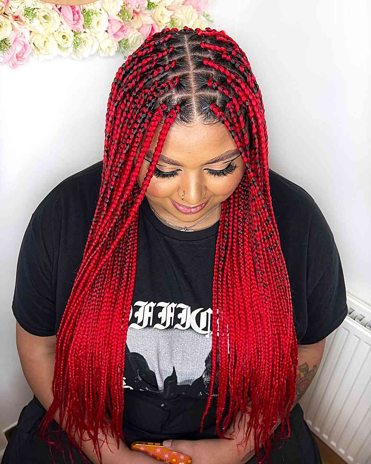 Mid-Back Box Braids Solid Bright Red, Office-Safe Version — Red Braids