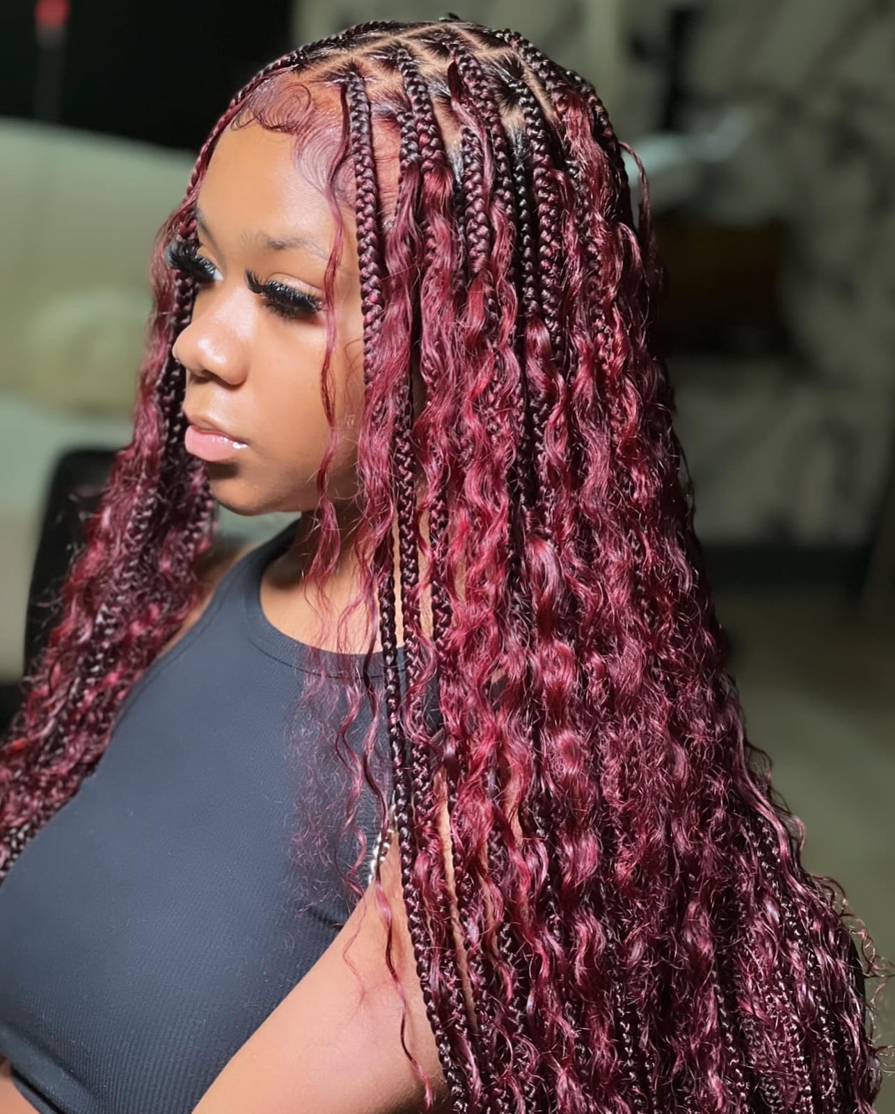 Mid-Back Box Braids Burgundy With Curly Ends — Red Braids