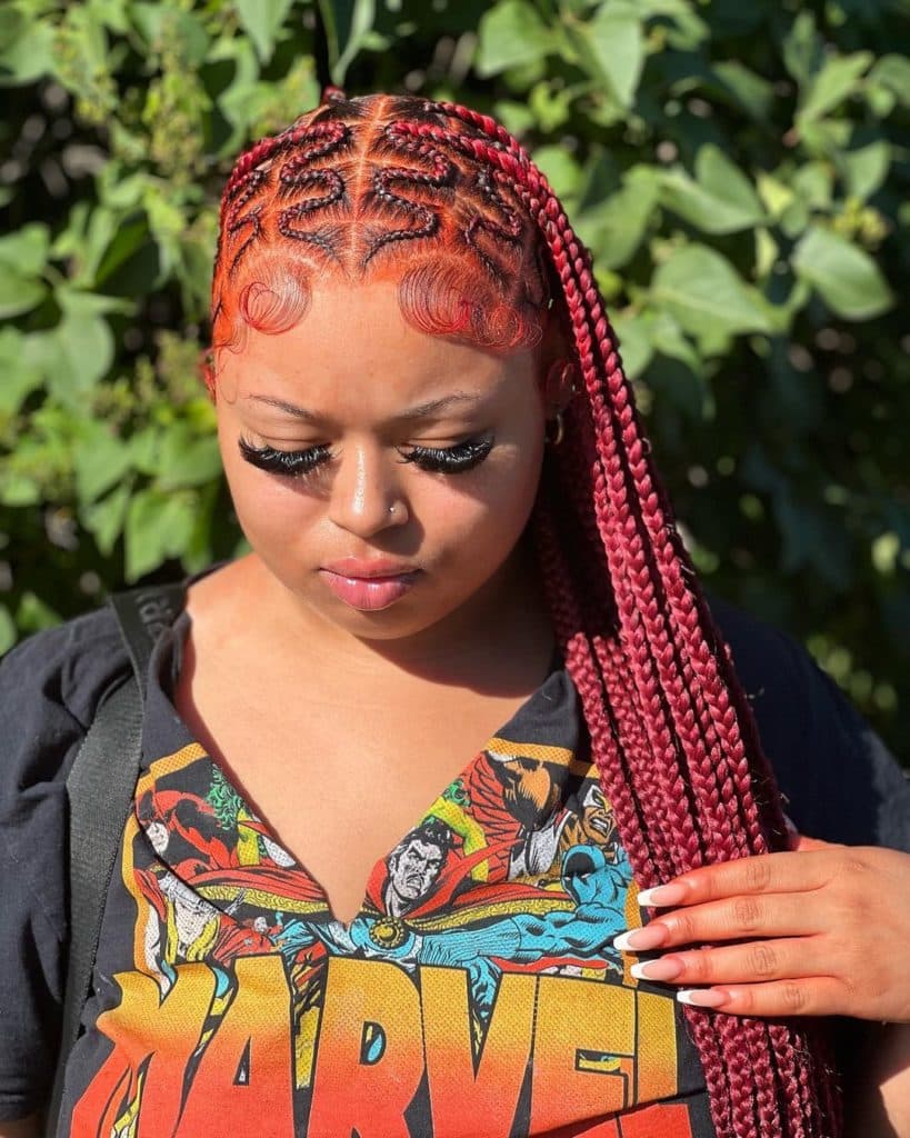 Mid-Back Box Braids Bright Red With Curly Ends, Close-Up Take — Red Braids