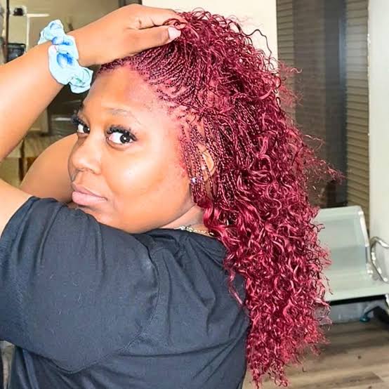 Shoulder-Length Micro Braids Burgundy With Curly Ends — Red Braids