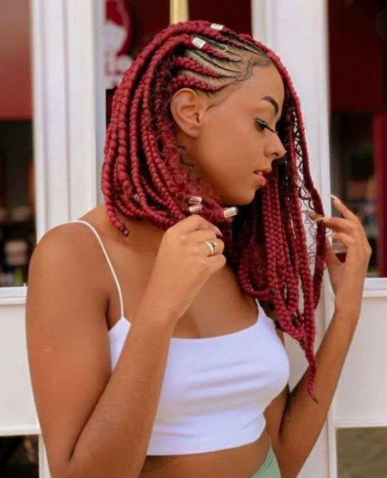 Collarbone Box Braids Burgundy With Metallic Beads — Red Braids