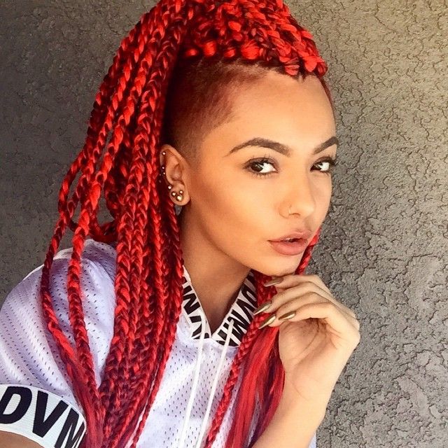 Mid-Back Box Braids With Shaved Sides — Red Braids