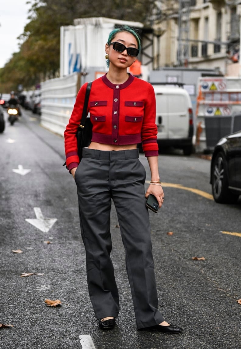 Red Cropped Cardigan With Gray Trousers — Red Cardigan Outfit