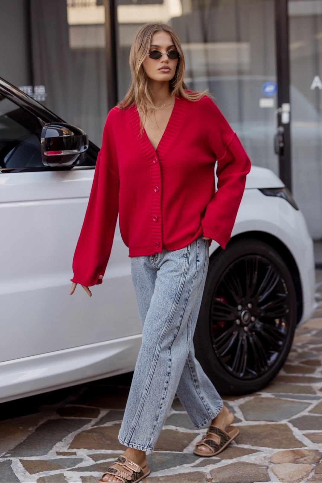 Red V-Neck Cardigan With Light Blue Jeans — Red Cardigan Outfit
