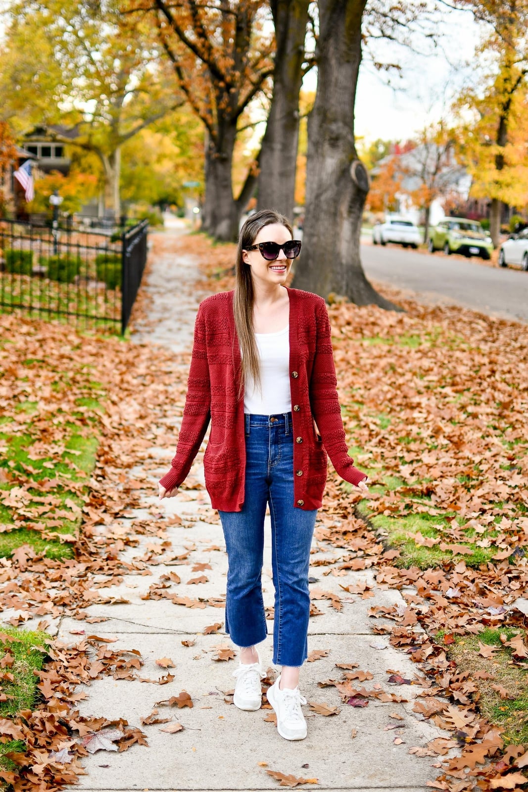 Textured Red Cardigan With Cropped Jeans — Red Cardigan Outfit