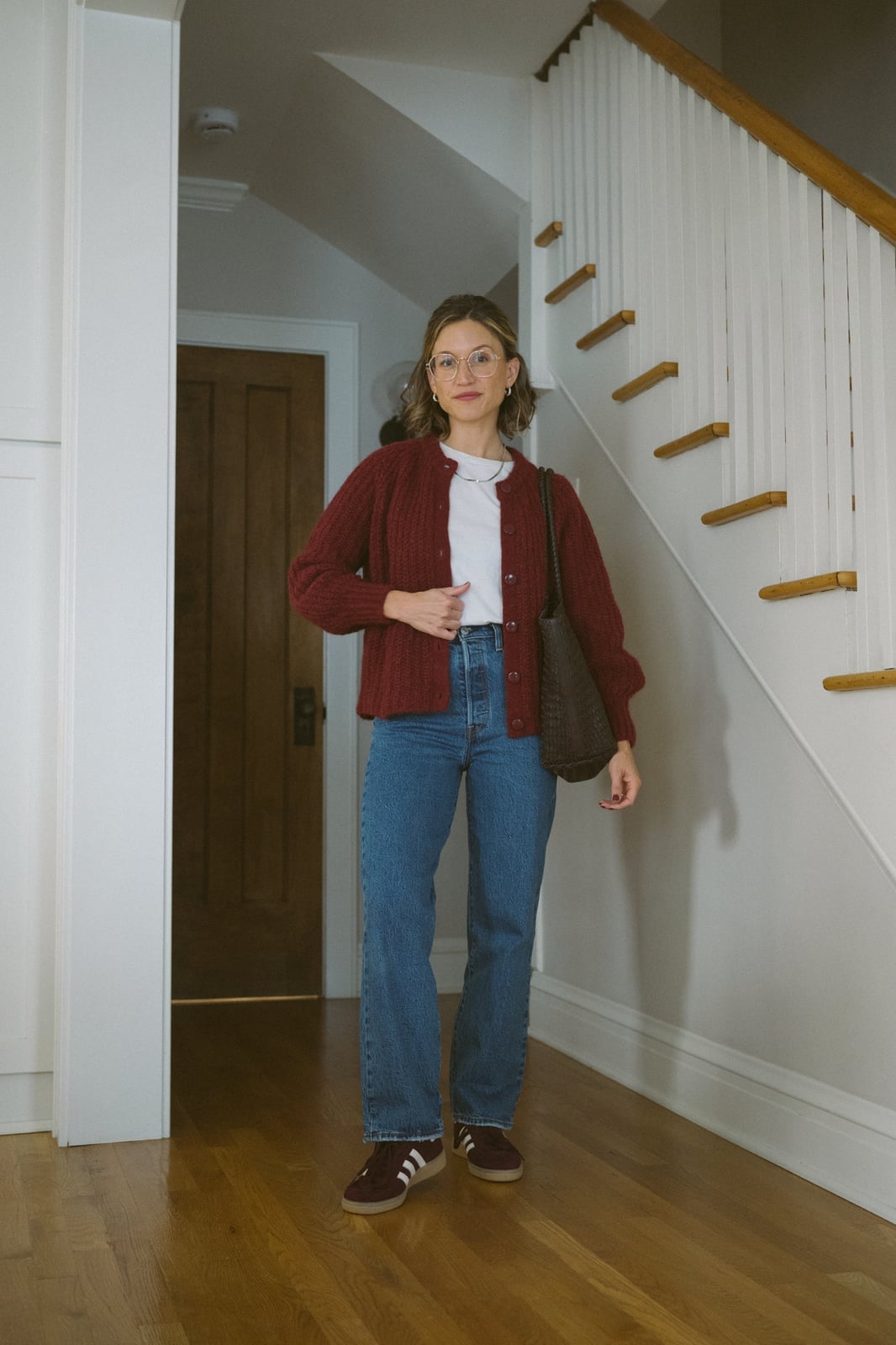 Burgundy Cardigan With Denim Jeans — Red Cardigan Outfit