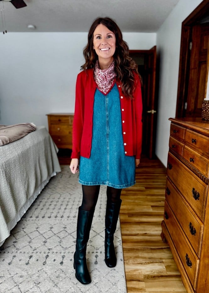 Red Cardigan Over Denim Dress — Red Cardigan Outfit