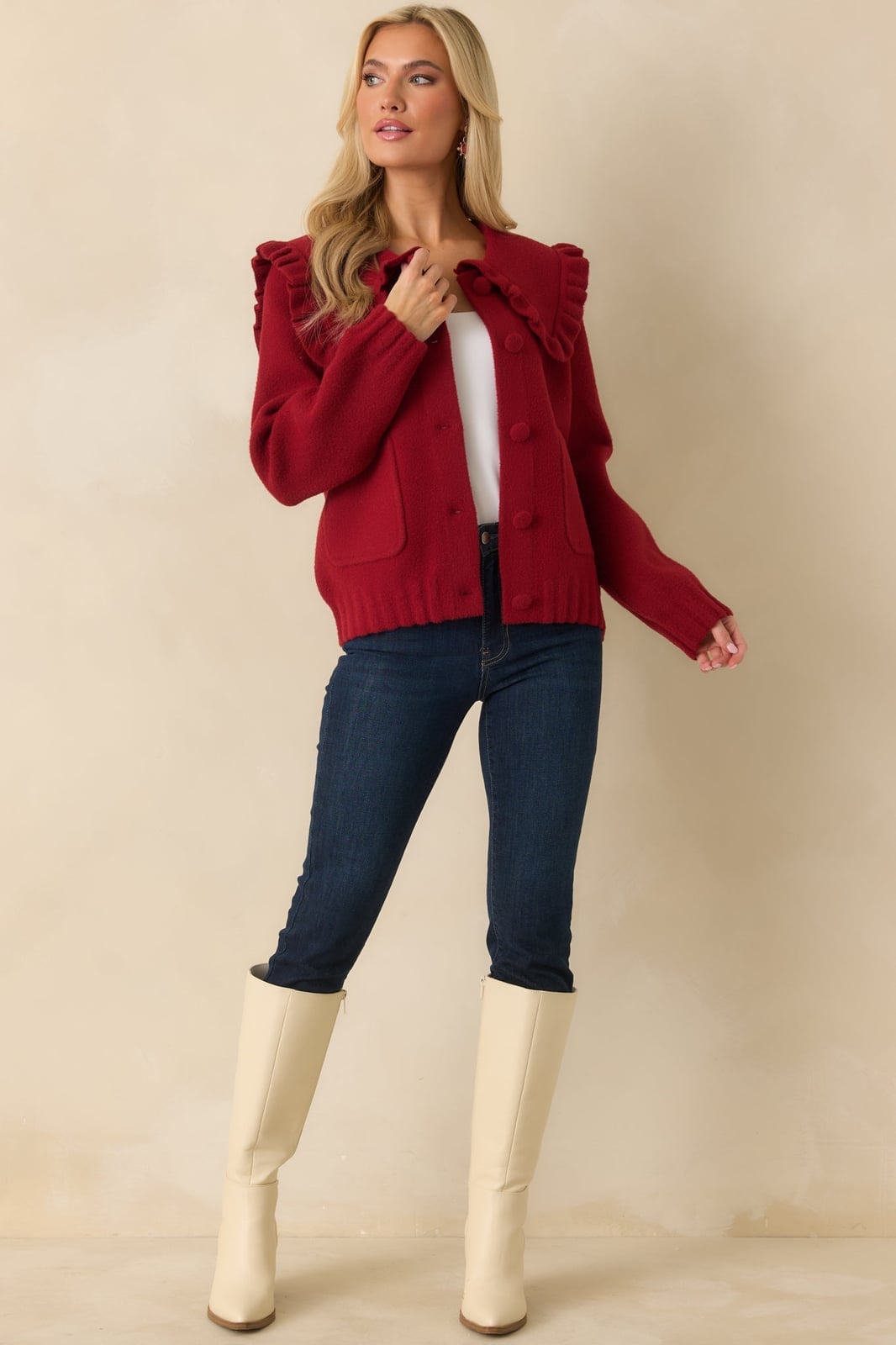 Red Ruffle Collar Cardigan With Dark Jeans — Red Cardigan Outfit
