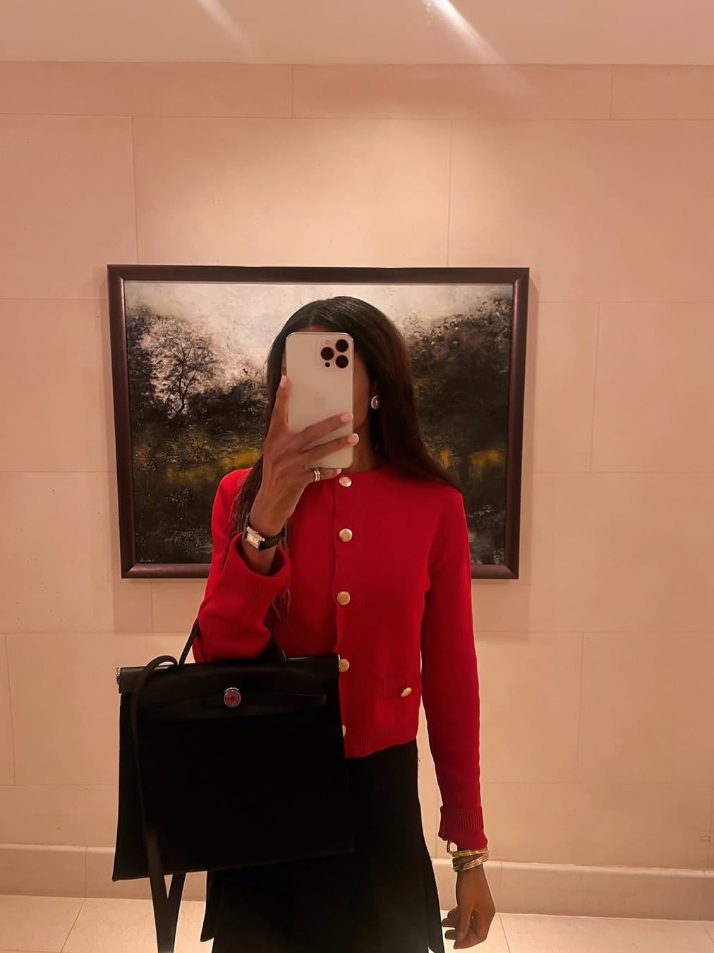 Fitted Red Cardigan With Gold Buttons — Red Cardigan Outfit