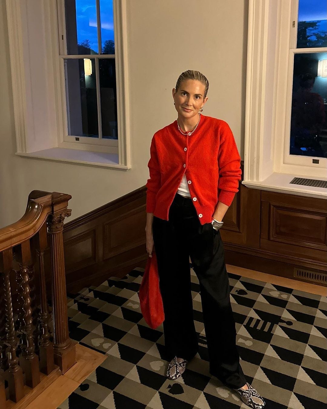 Red Cardigan With Velvet Trousers — Red Cardigan Outfit