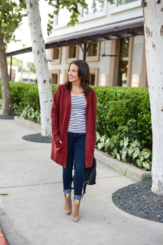Longline Red Cardigan With Slim Jeans — Red Cardigan Outfit