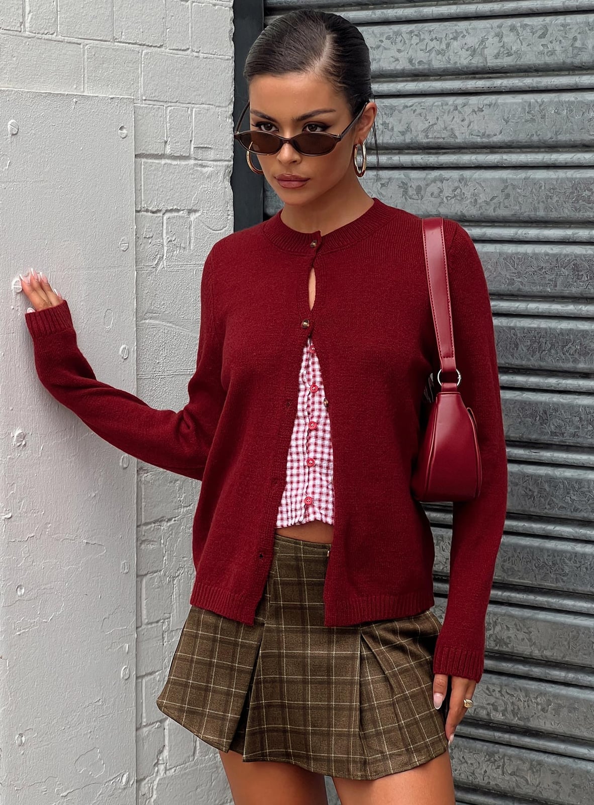 Burgundy Cardigan Over Gingham Top — Red Cardigan Outfit