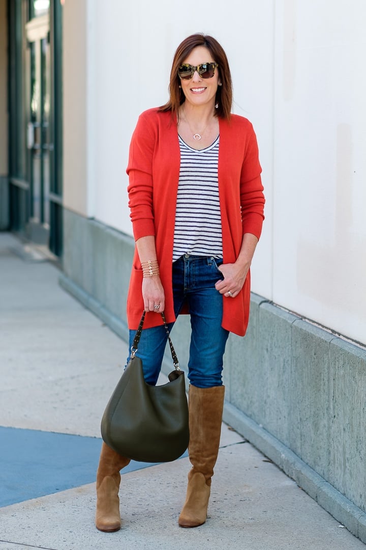 Orange-Red Cardigan With Knee-High Boots — Red Cardigan Outfit