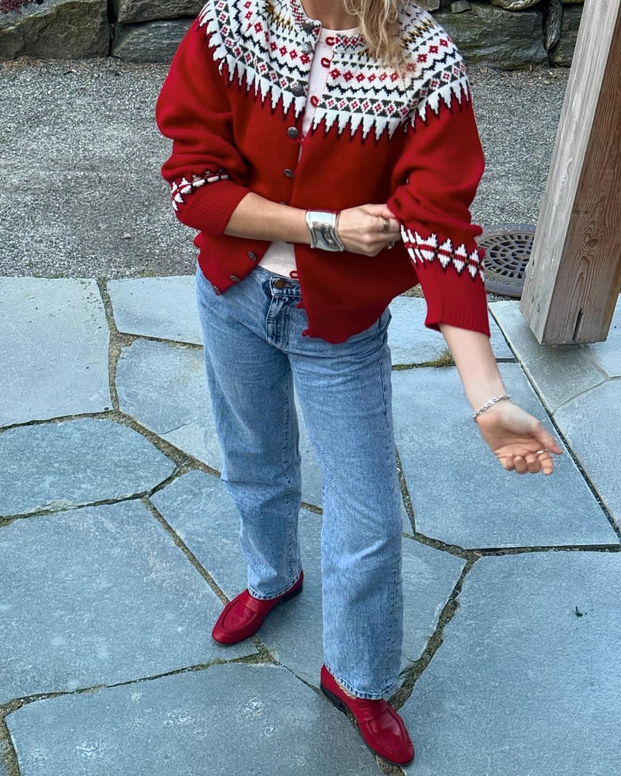 Fair Isle Red Cardigan With Blue Jeans — Red Cardigan Outfit