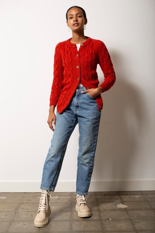 Red Cable Knit Cardigan With Straight Jeans — Red Cardigan Outfit
