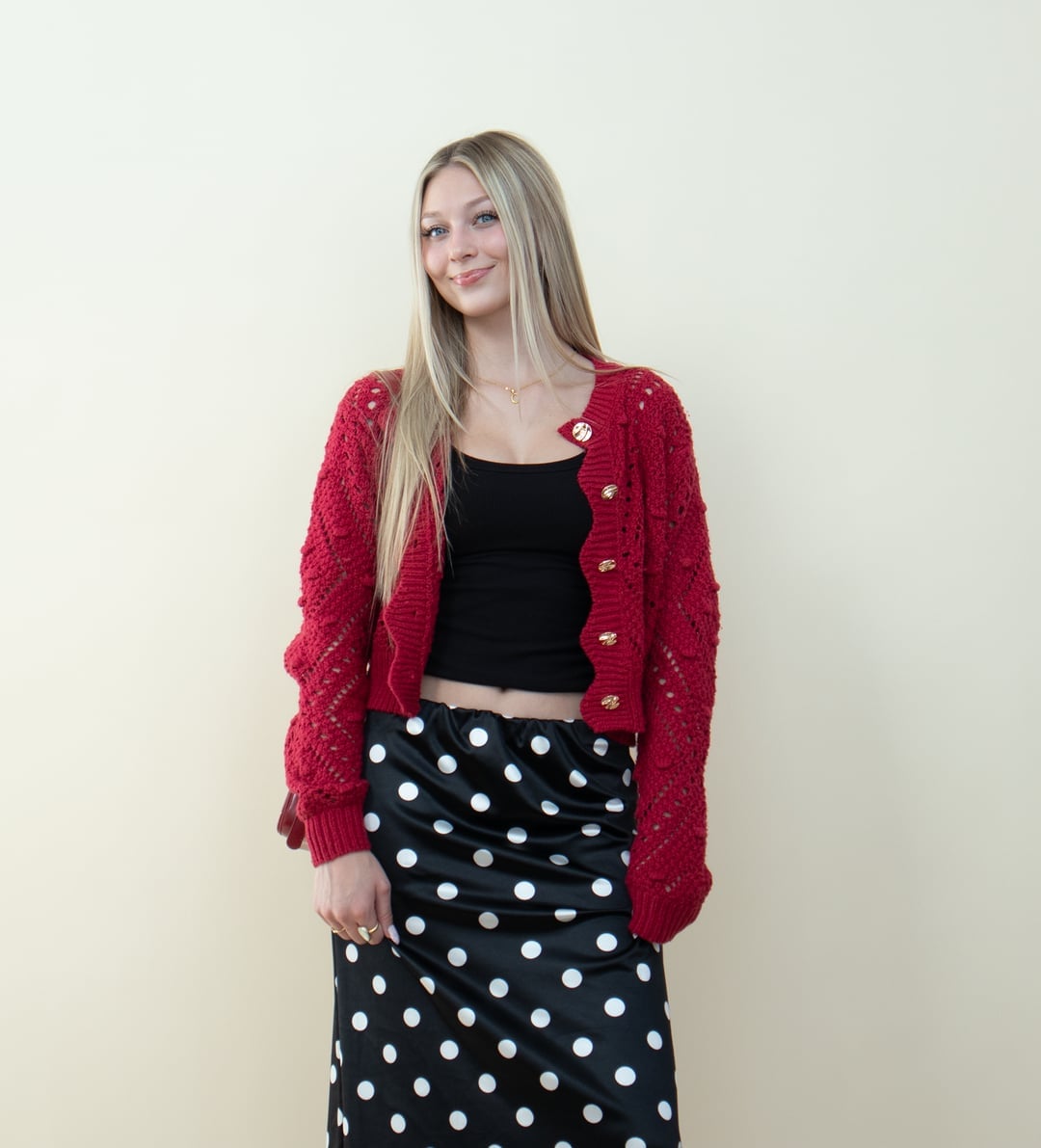 Cropped Red Cardigan With Polka Dot Skirt — Red Cardigan Outfit