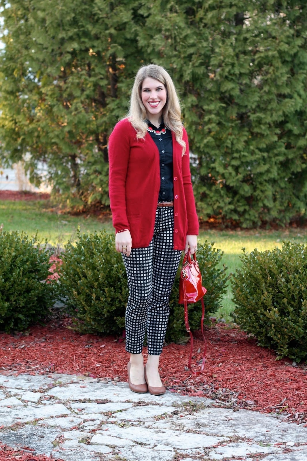 Red Cardigan With Patterned Trousers — Red Cardigan Outfit