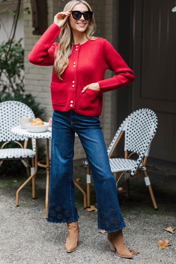 Red Cardigan With Pockets Wide Leg Jeans — Red Cardigan Outfit