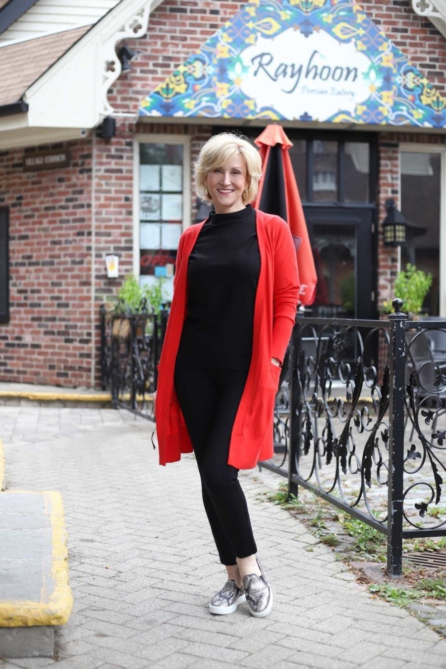 Long Red Cardigan With Black Leggings — Red Cardigan Outfit