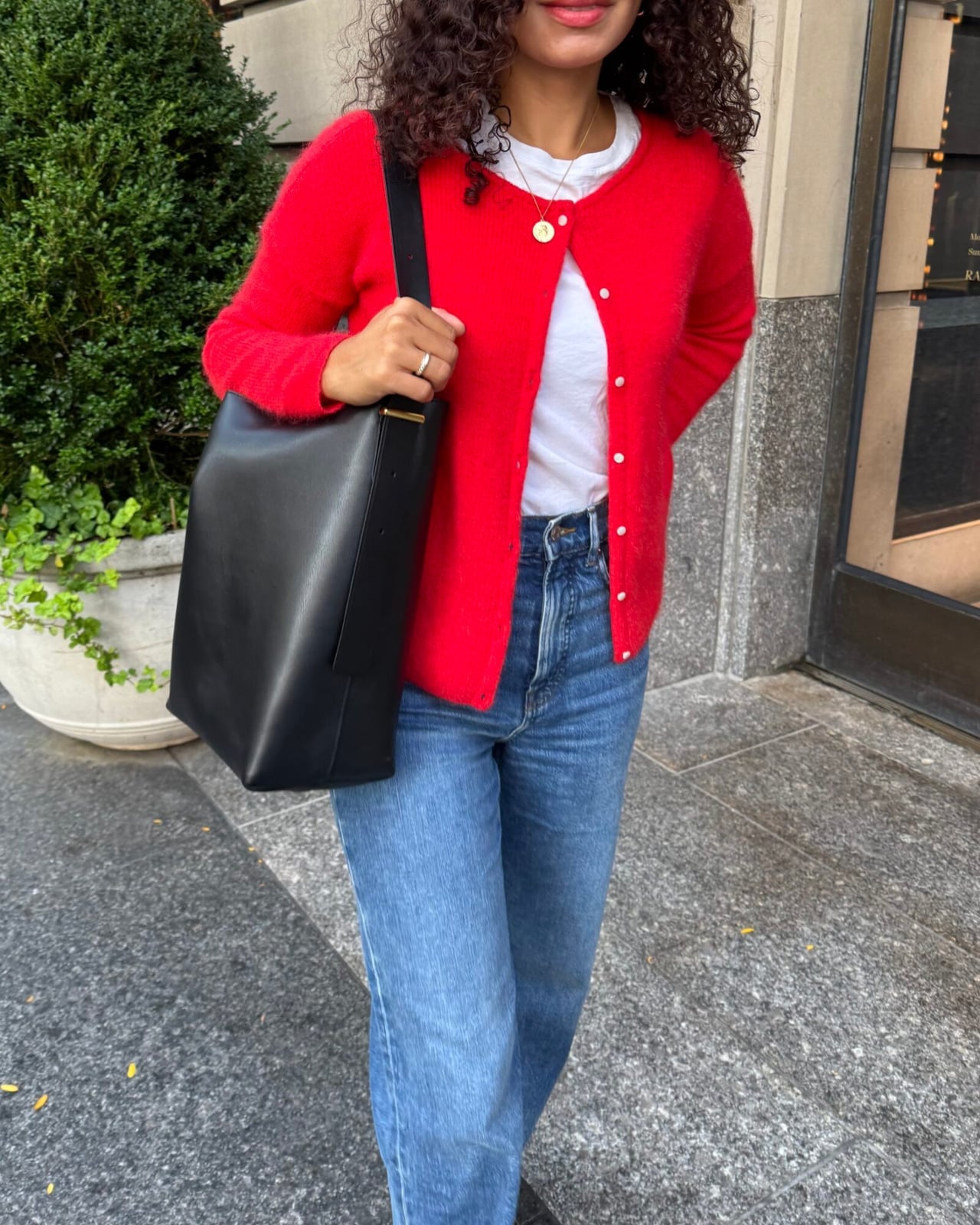 Fluffy Red Cardigan With Blue Jeans — Red Cardigan Outfit