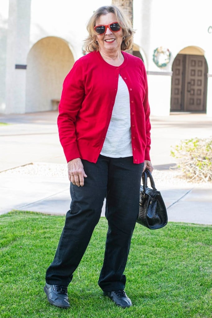 Red Cardigan With Black Trousers — Red Cardigan Outfit