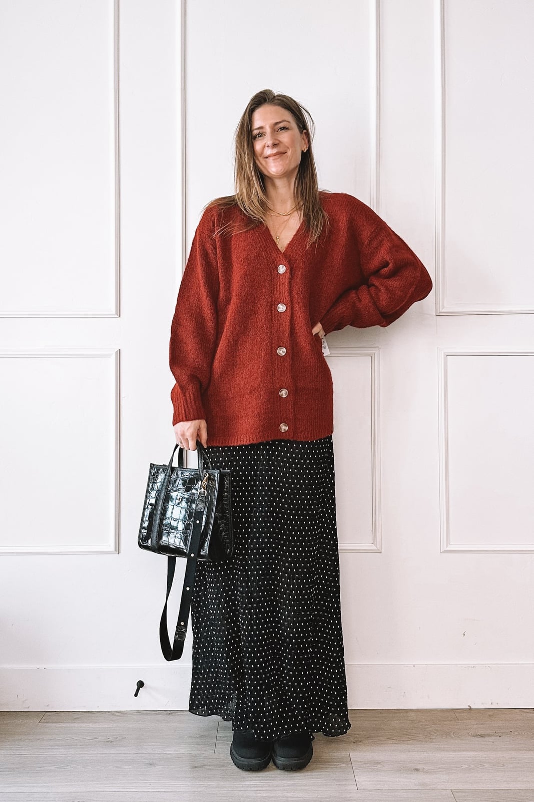 Red Cardigan With Polka Dot Maxi Skirt and Black Chunky Boots — Red Cardigan Outfit