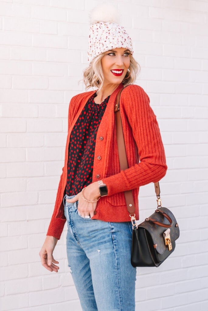 Orange-Red Cardigan With Polka Dot Blouse — Red Cardigan Outfit