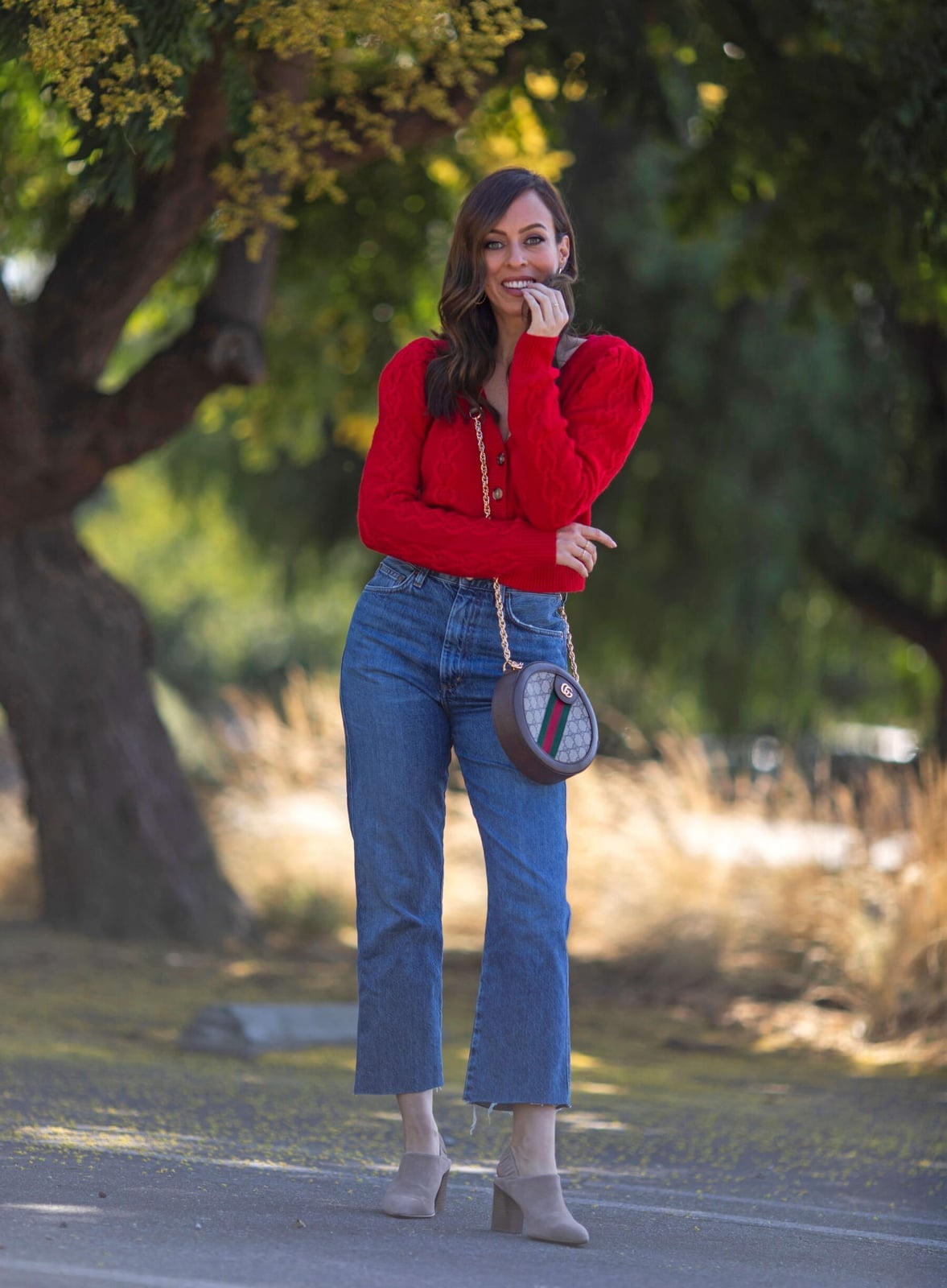 Red Cropped Cardigan With Puff Sleeves — Red Cardigan Outfit