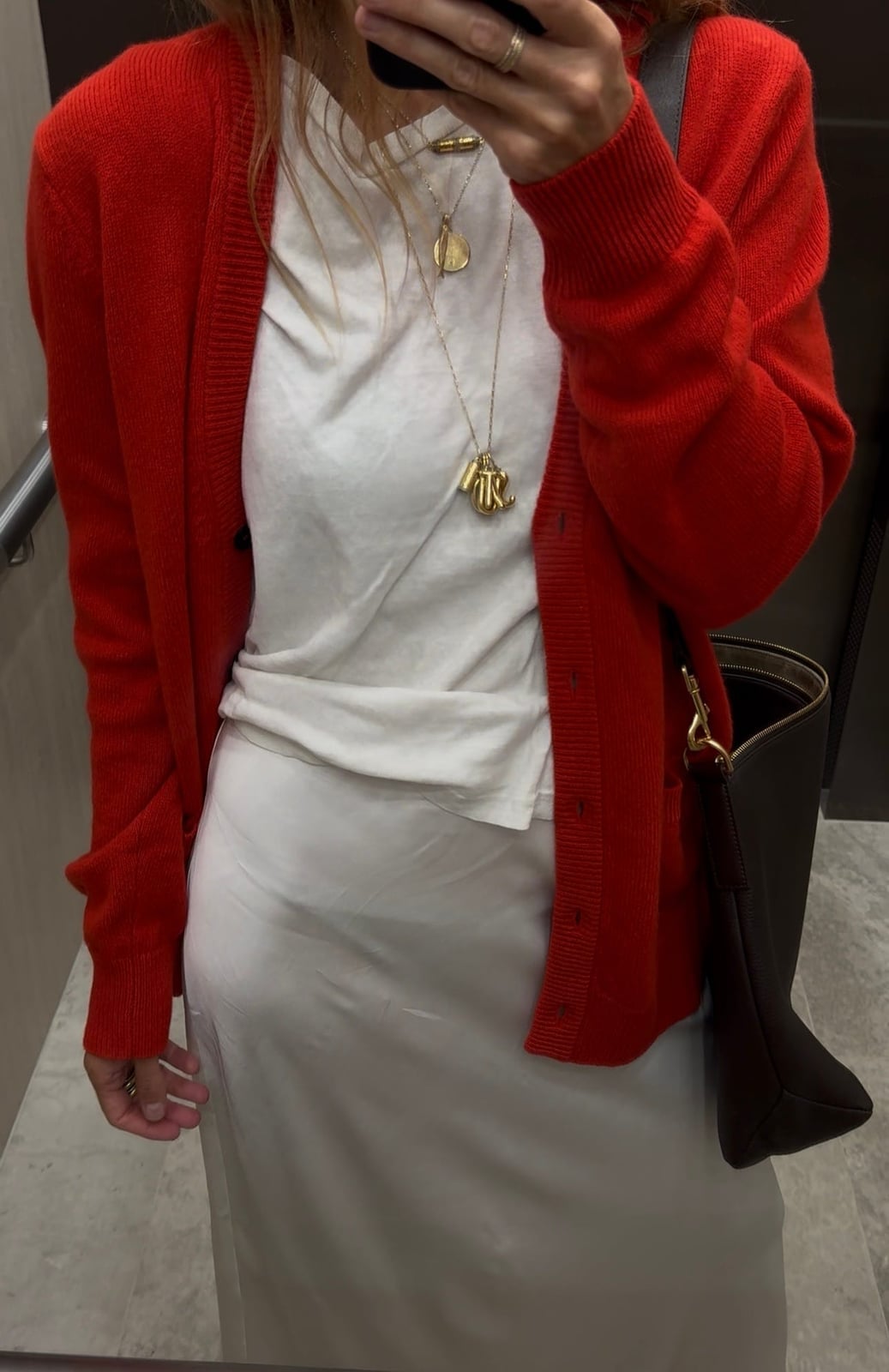 Red Cardigan With Silk Slip Skirt — Red Cardigan Outfit