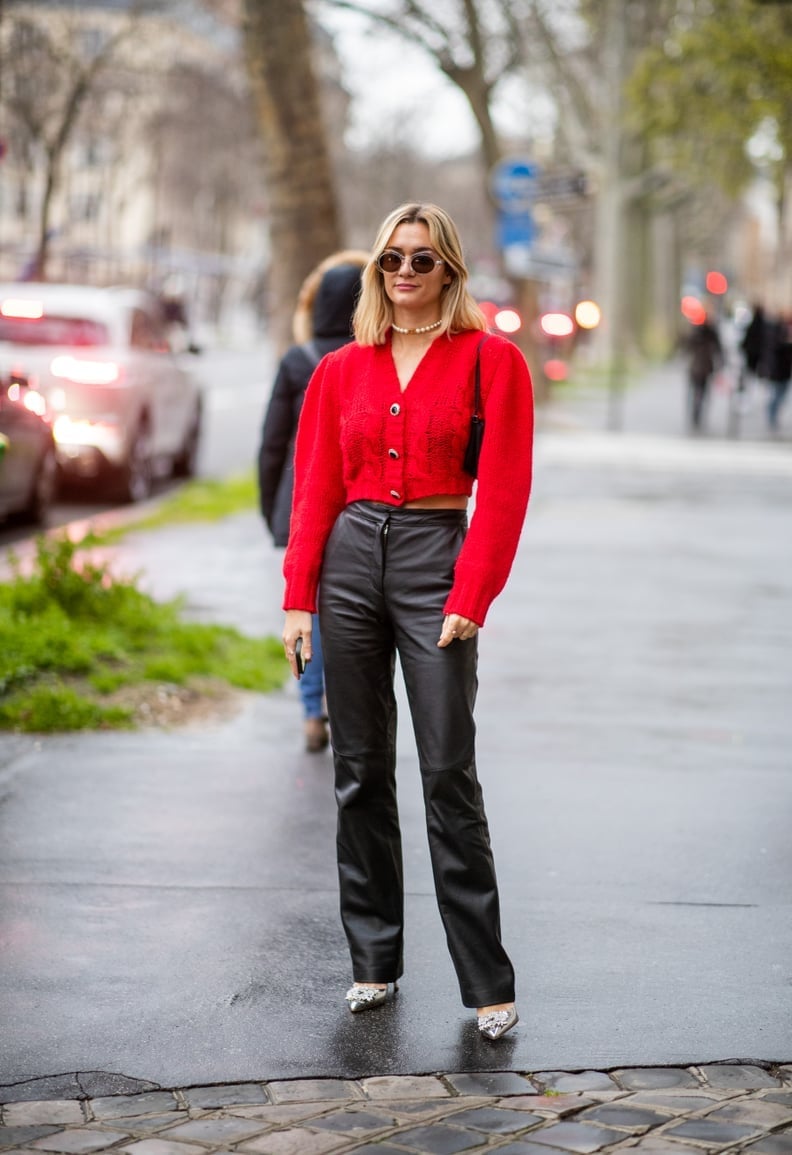 Red Cropped Cardigan With Leather Pants — Red Cardigan Outfit