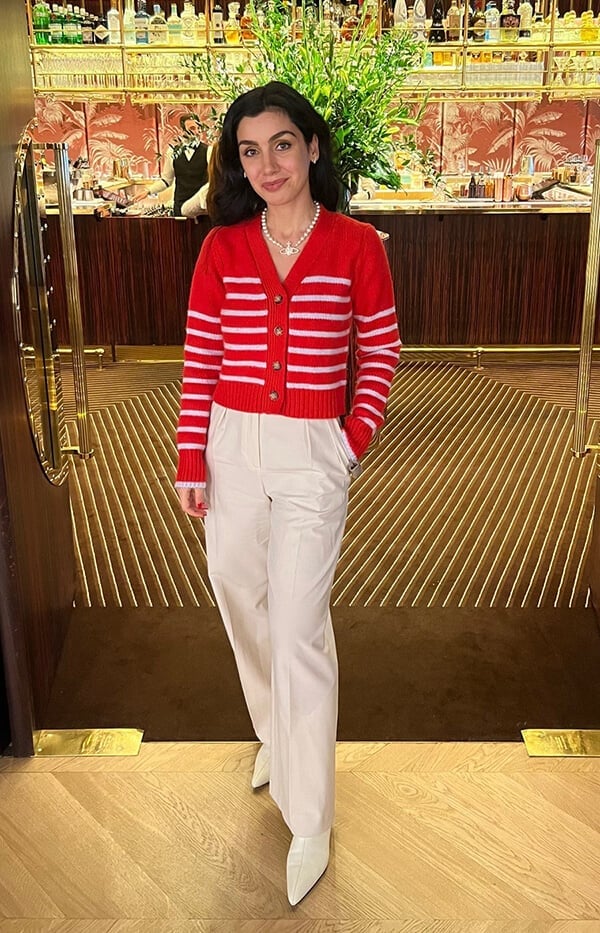 Striped Red Cardigan With Cream Trousers — Red Cardigan Outfit