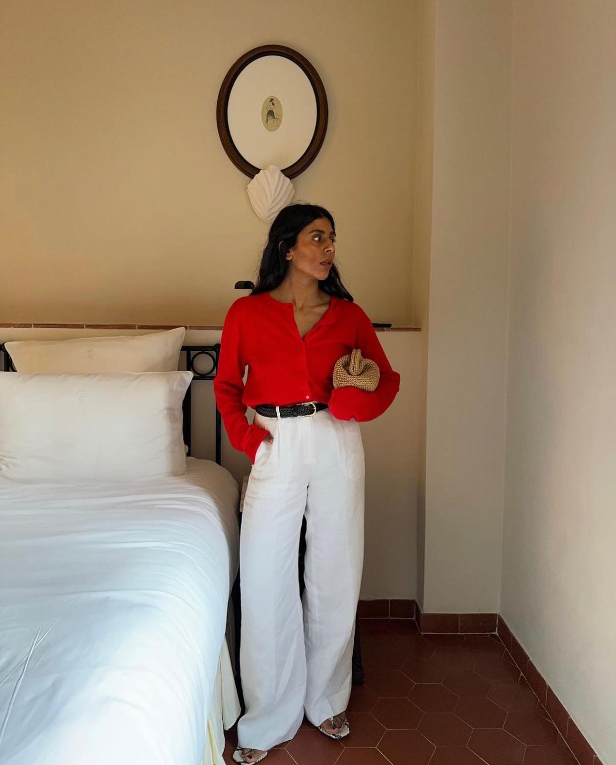 Fitted Red Cardigan With Linen Trousers — Red Cardigan Outfit